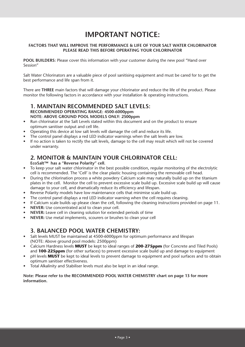 Important notice, Maintain recommended salt levels, Monitor & maintain your chlorinator cell | Balanced pool water chemistry | Davey BMSC Series ECOSALT Salt Water Pool Systems User Manual | Page 3 / 16