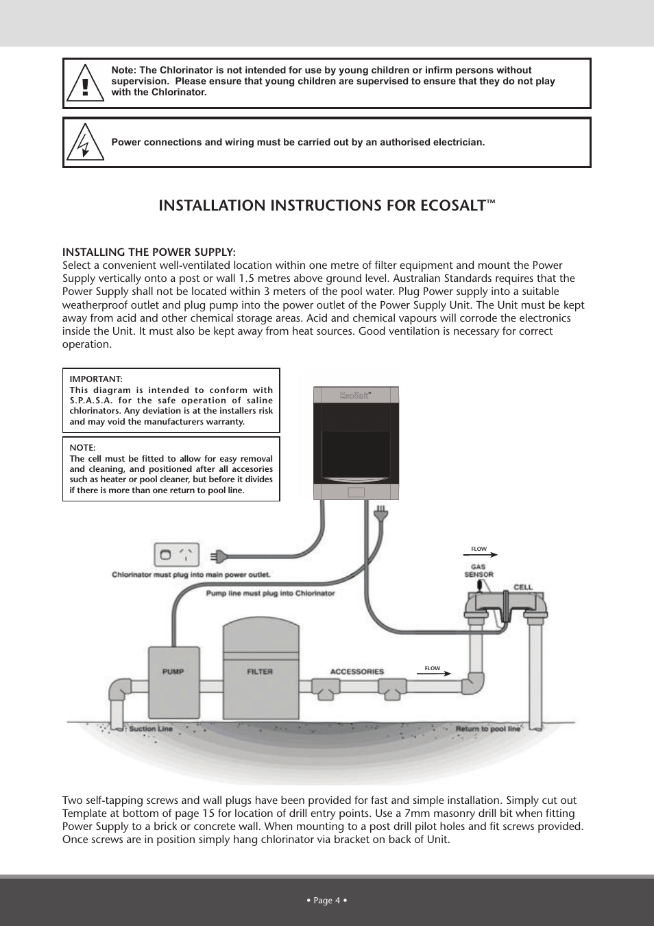 Installation instructions for ecosalt | Davey BMSC Series ECOSALT Salt Water Pool Systems User Manual | Page 4 / 16