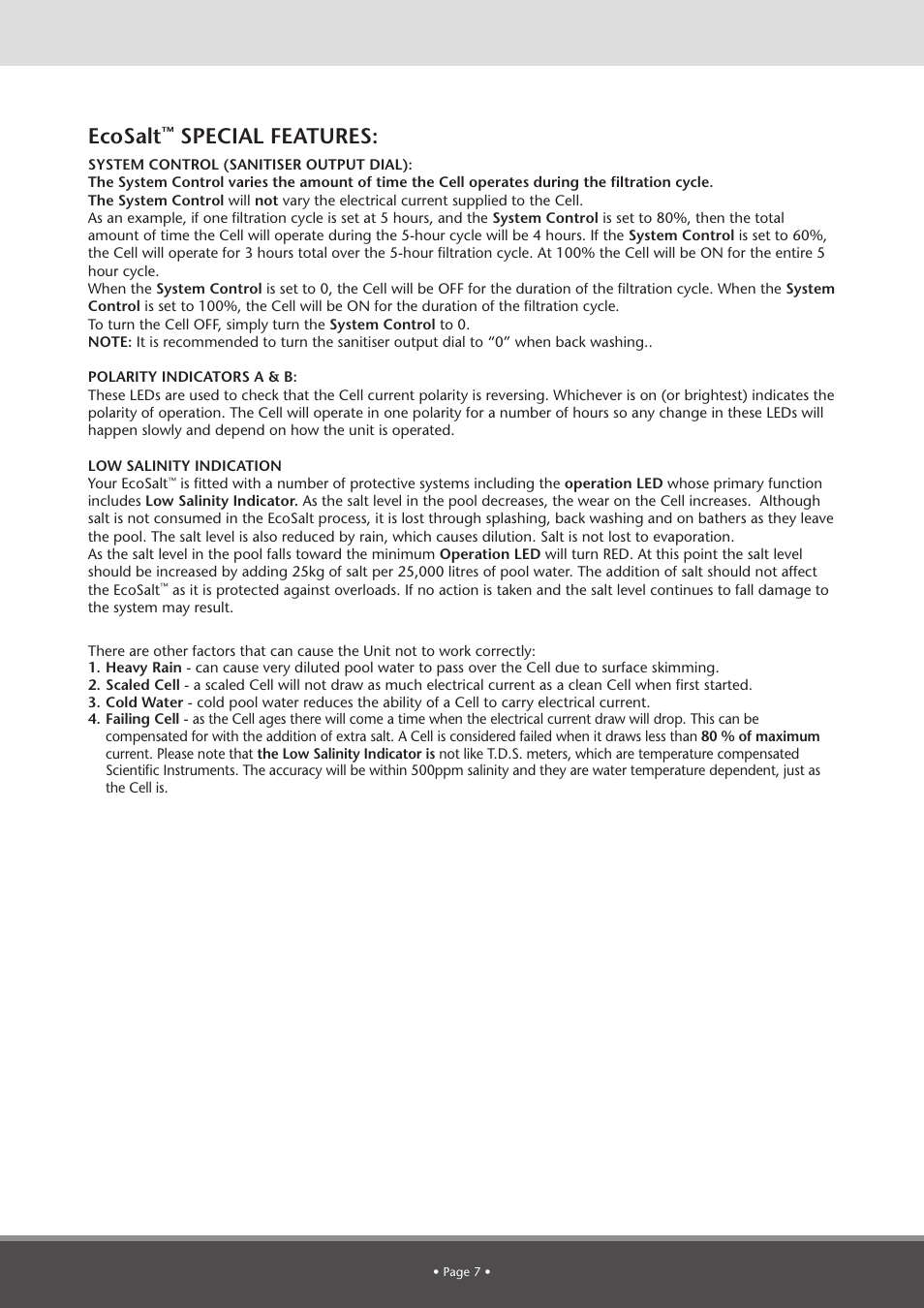 Ecosalt, Special features | Davey BMSC Series ECOSALT Salt Water Pool Systems User Manual | Page 7 / 16