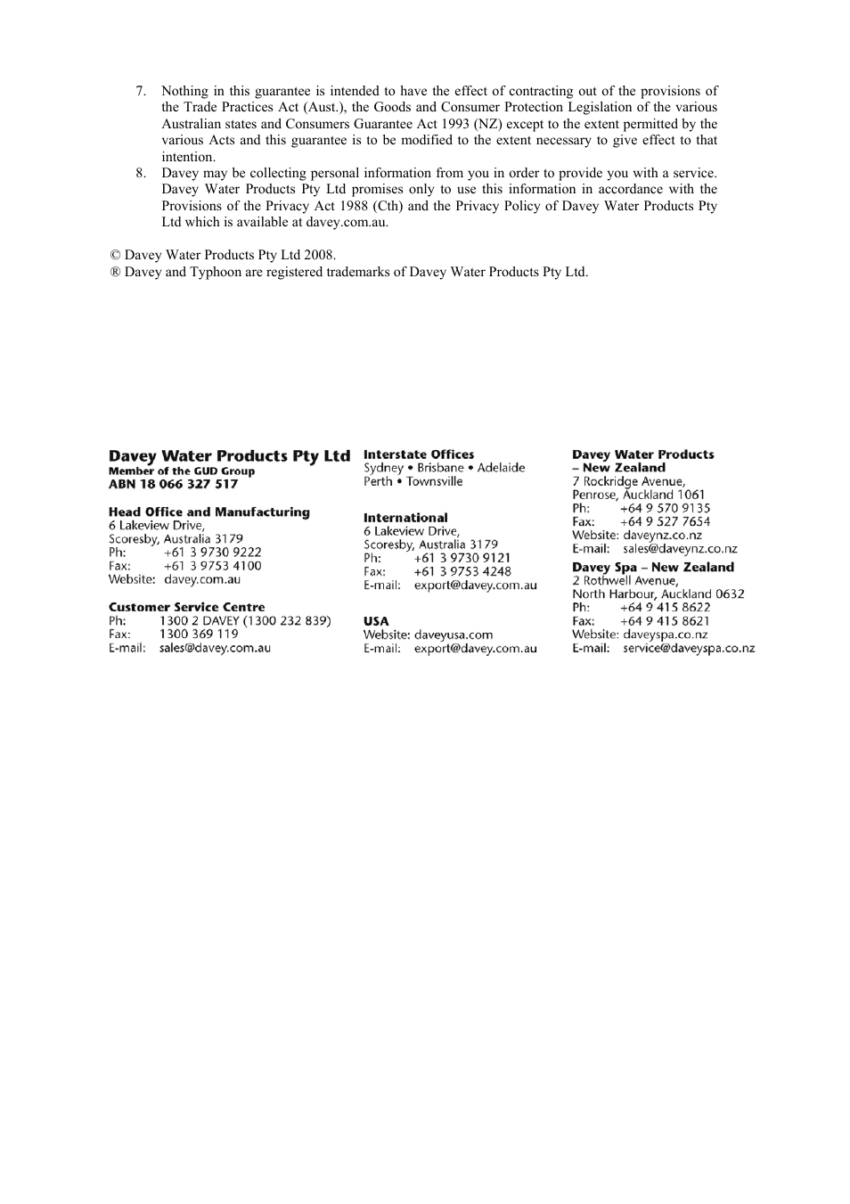 Davey TYPHOON T-Series Swimming Pool Pumps User Manual | Page 4 / 4