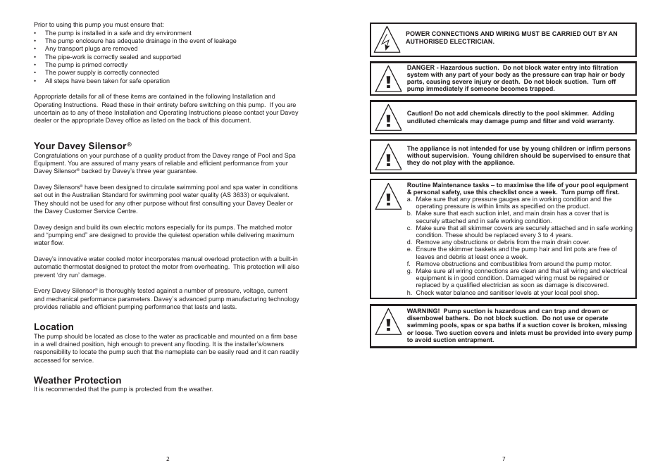 Your davey silensor, Location, Weather protection | Davey SILENSOR POOL PUMP (including 400v 3 phase model) User Manual | Page 2 / 4