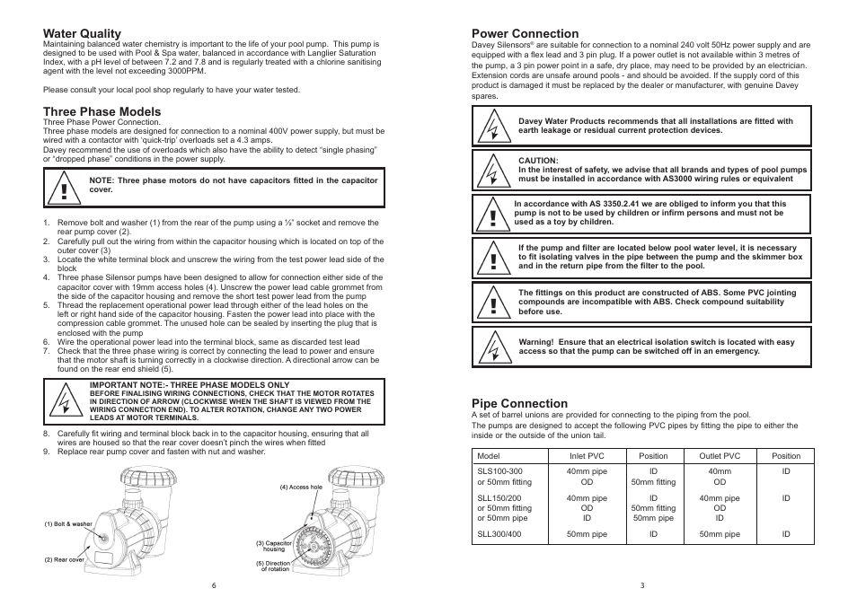 Power connection, Pipe connection, Water quality | Three phase models | Davey SILENSOR POOL PUMP (including 400v 3 phase model) User Manual | Page 3 / 4