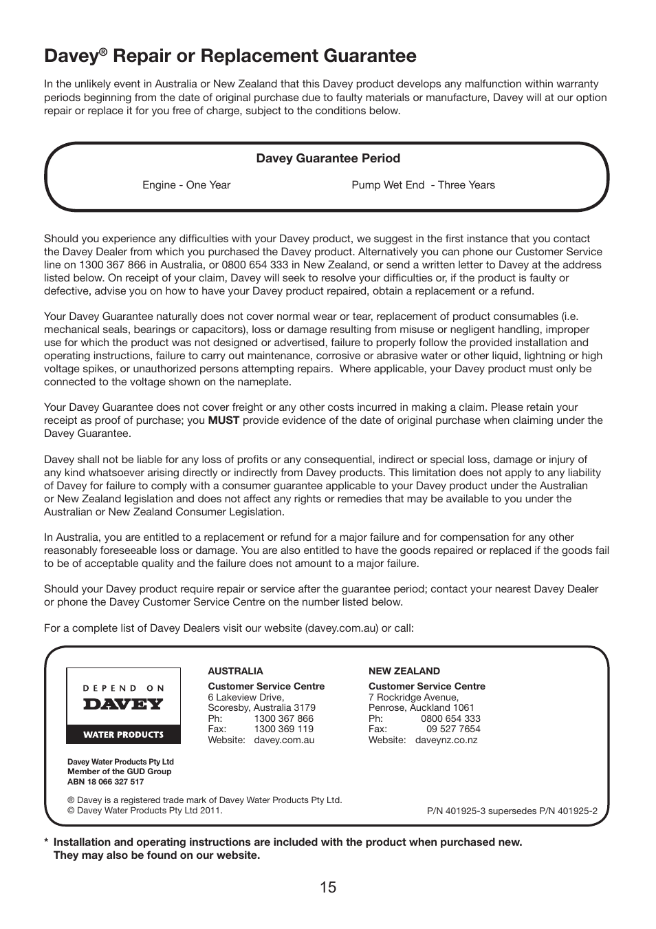 Davey, Repair or replacement guarantee | Davey PowerMaster ECO-SERIES User Manual | Page 15 / 16