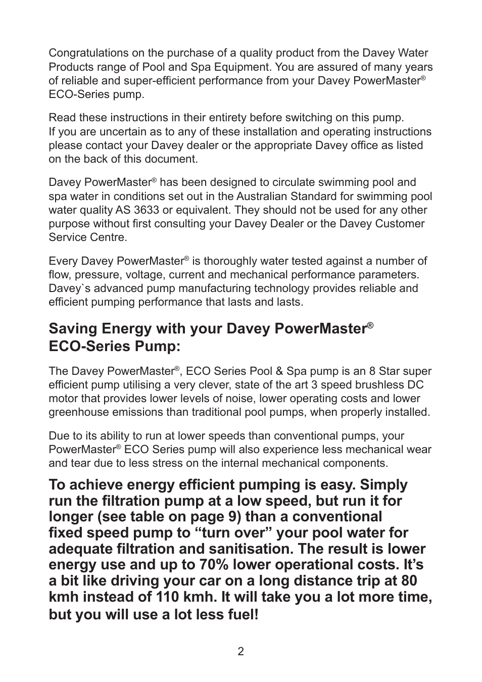 Saving energy with your davey powermaster, Eco-series pump | Davey PowerMaster ECO-SERIES User Manual | Page 2 / 16