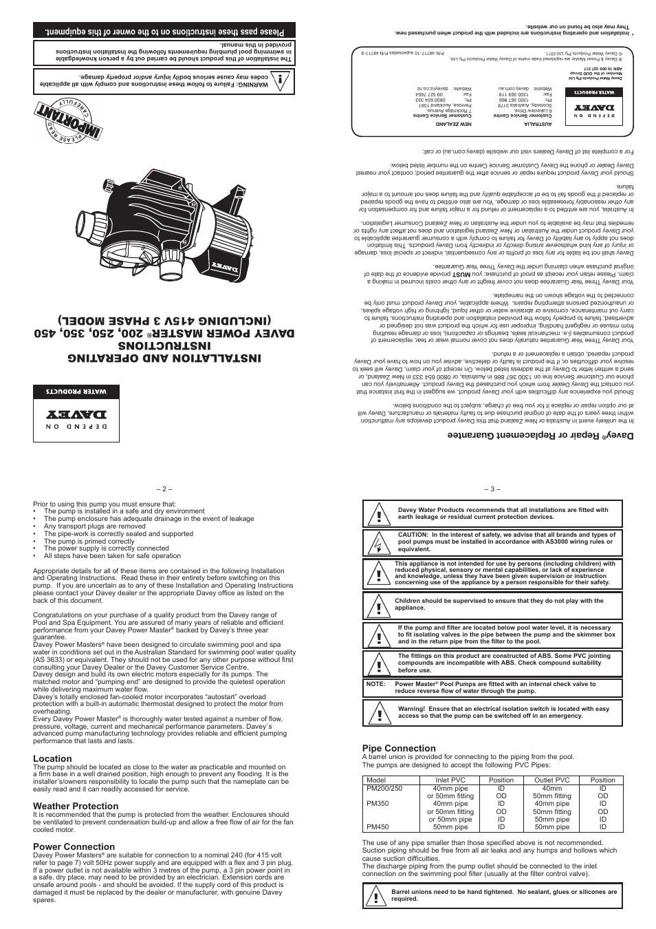 Davey PowerMaster 200, 250, 350, 450 (INCLUDING 415V 3 PHASE MODEL) User Manual | 2 pages