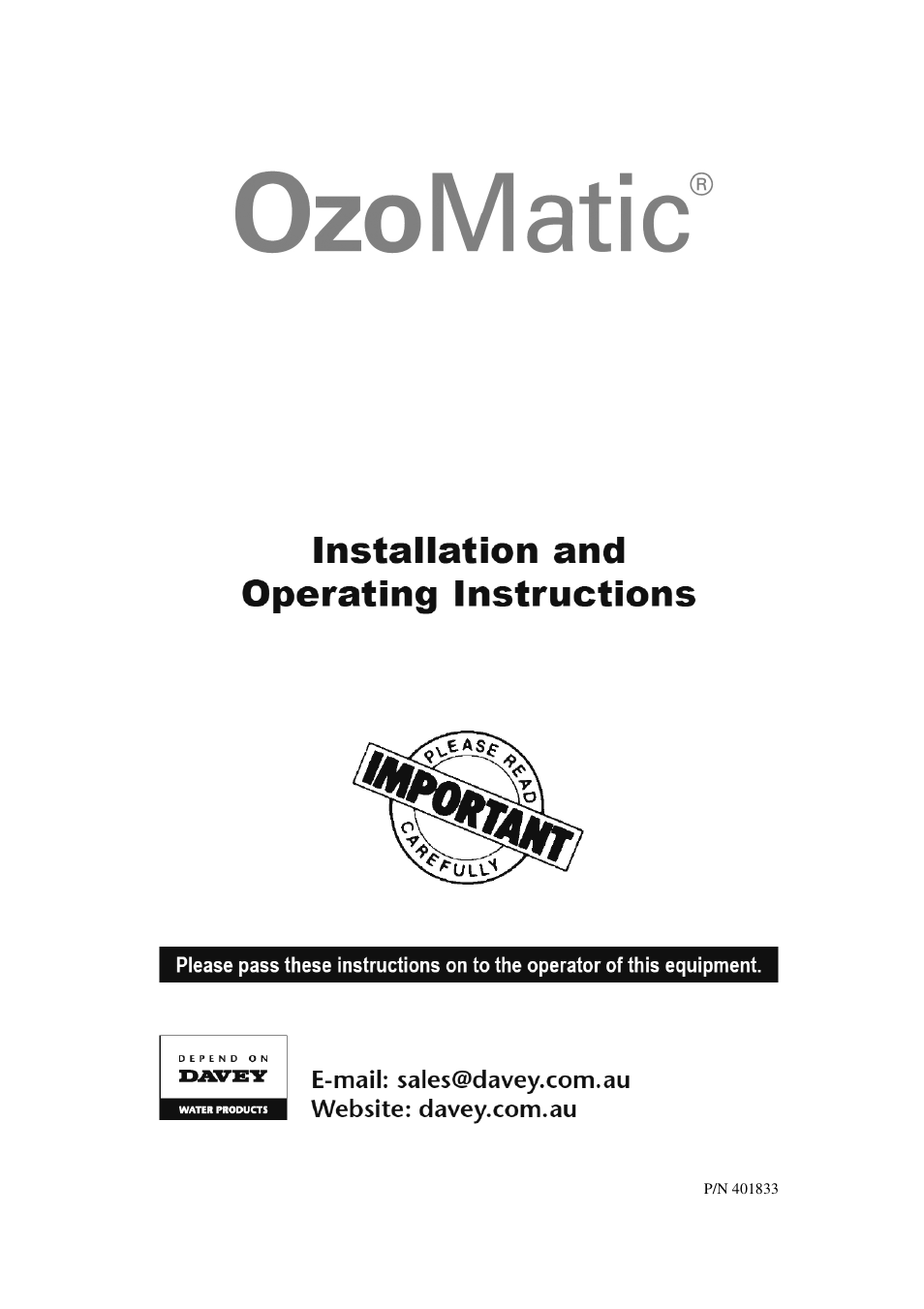 Davey OZOMATIC OZONE GENERATORS User Manual | 12 pages