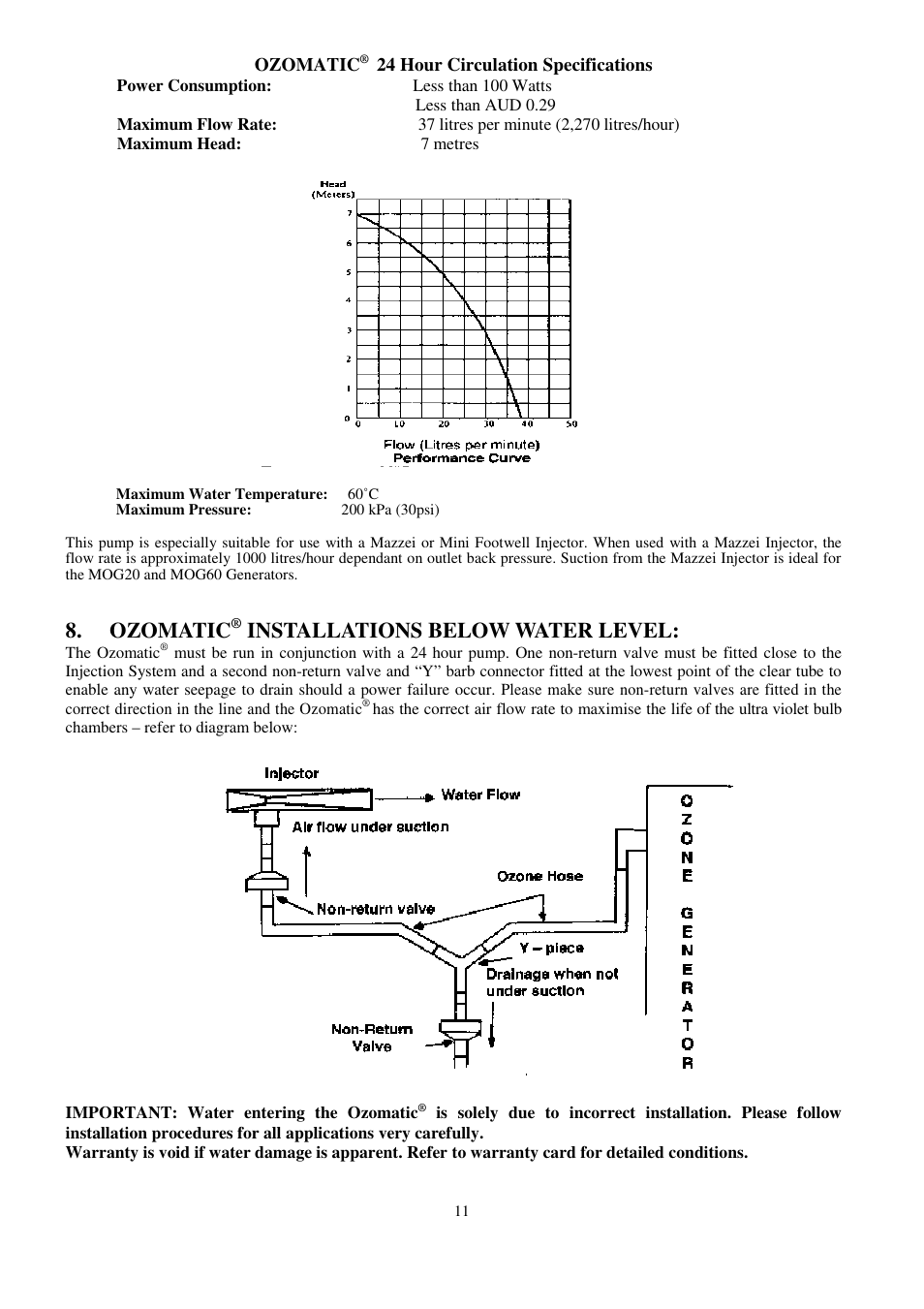 Ozomatic, Installations below water level | Davey OZOMATIC OZONE GENERATORS User Manual | Page 11 / 12