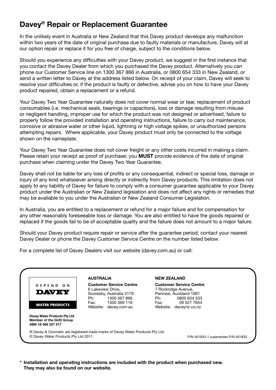 Davey, Repair or replacement guarantee | Davey OZOMATIC OZONE GENERATORS User Manual | Page 12 / 12
