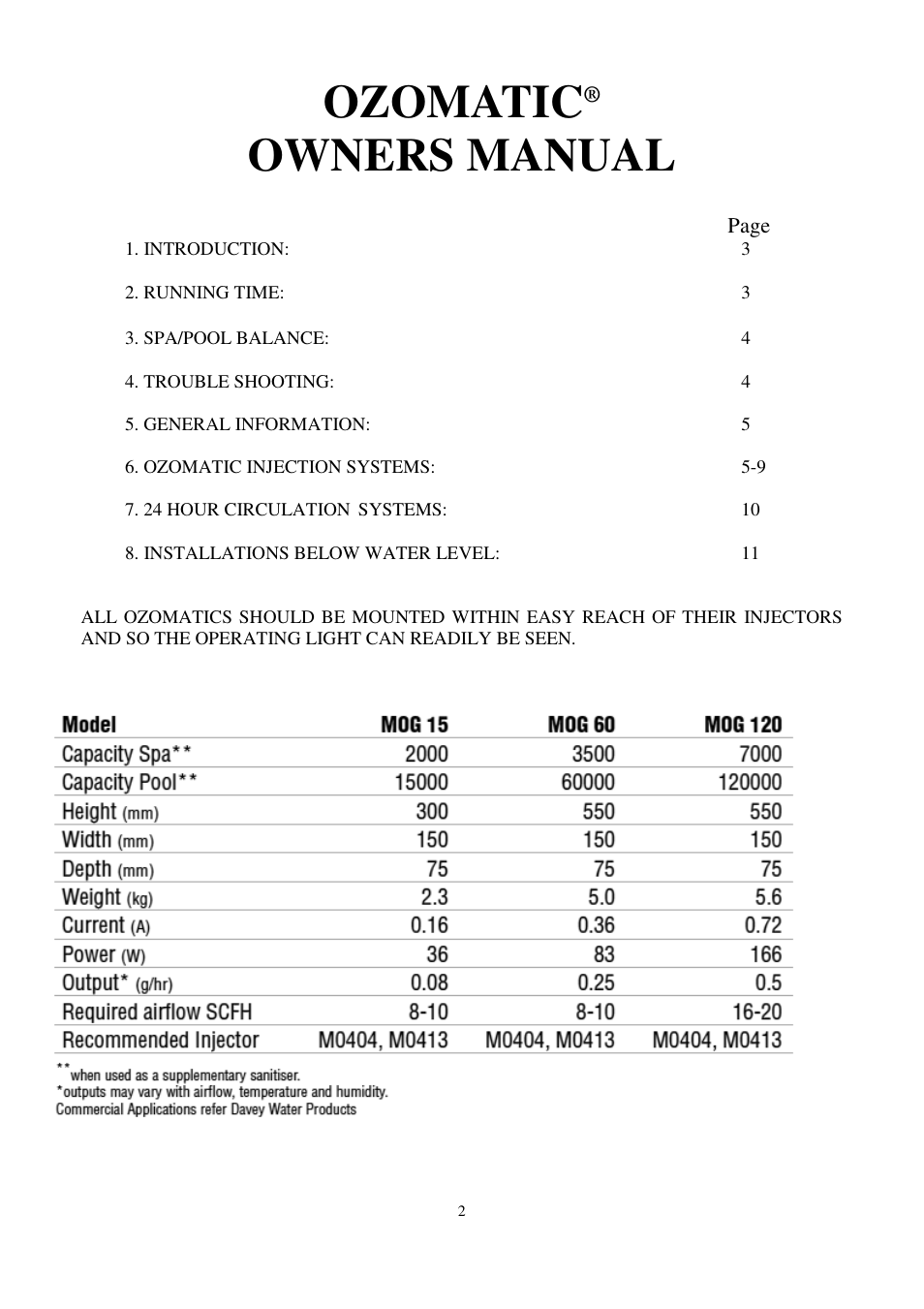 Ozomatic, Owners manual | Davey OZOMATIC OZONE GENERATORS User Manual | Page 2 / 12