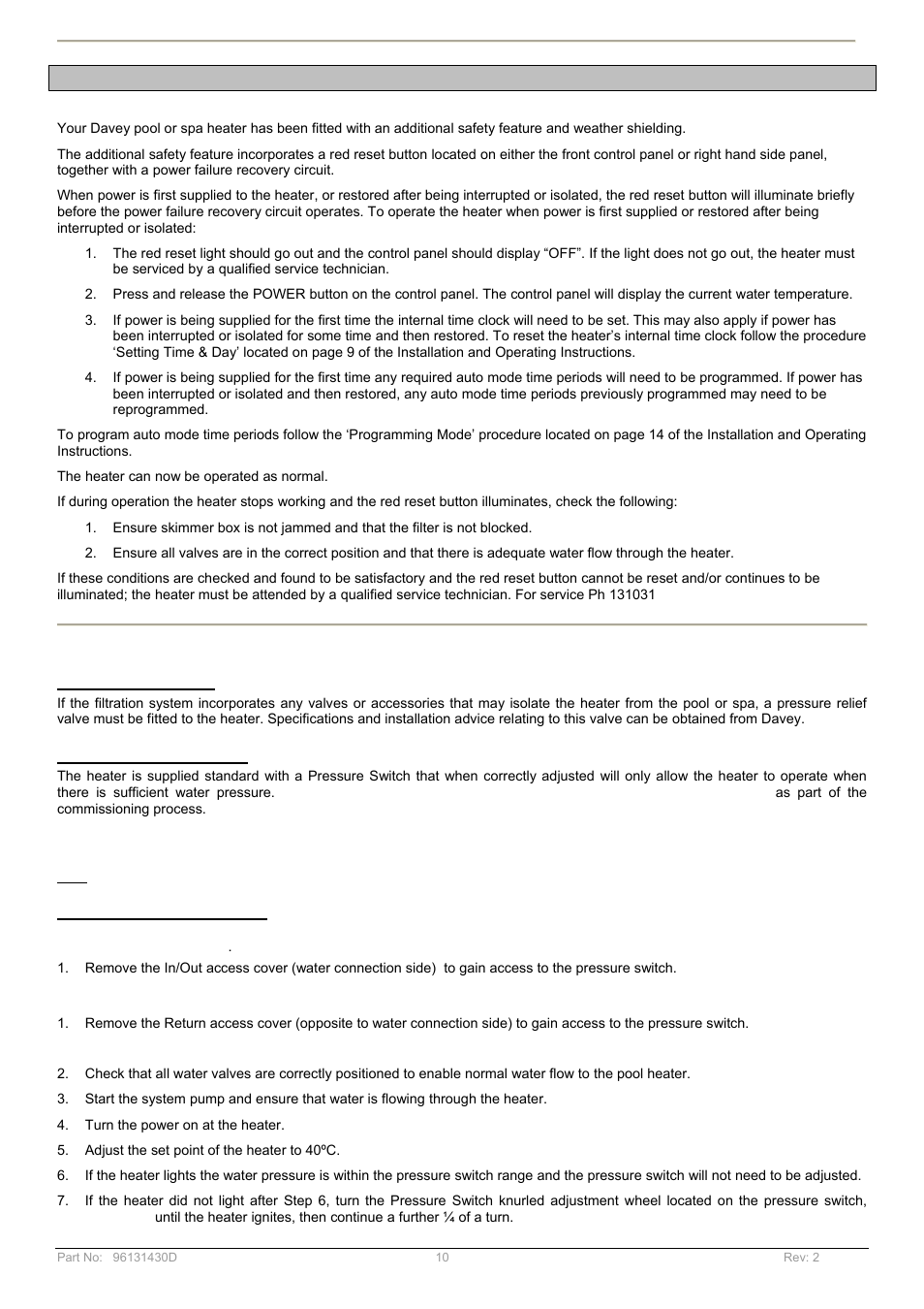 Reset button | Davey POOL AND SPA GAS HEATERS User Manual | Page 10 / 27