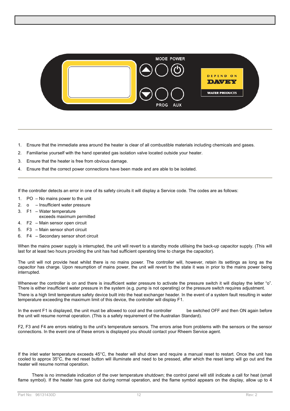 Operating instructions, Heater controller layout | Davey POOL AND SPA GAS HEATERS User Manual | Page 12 / 27