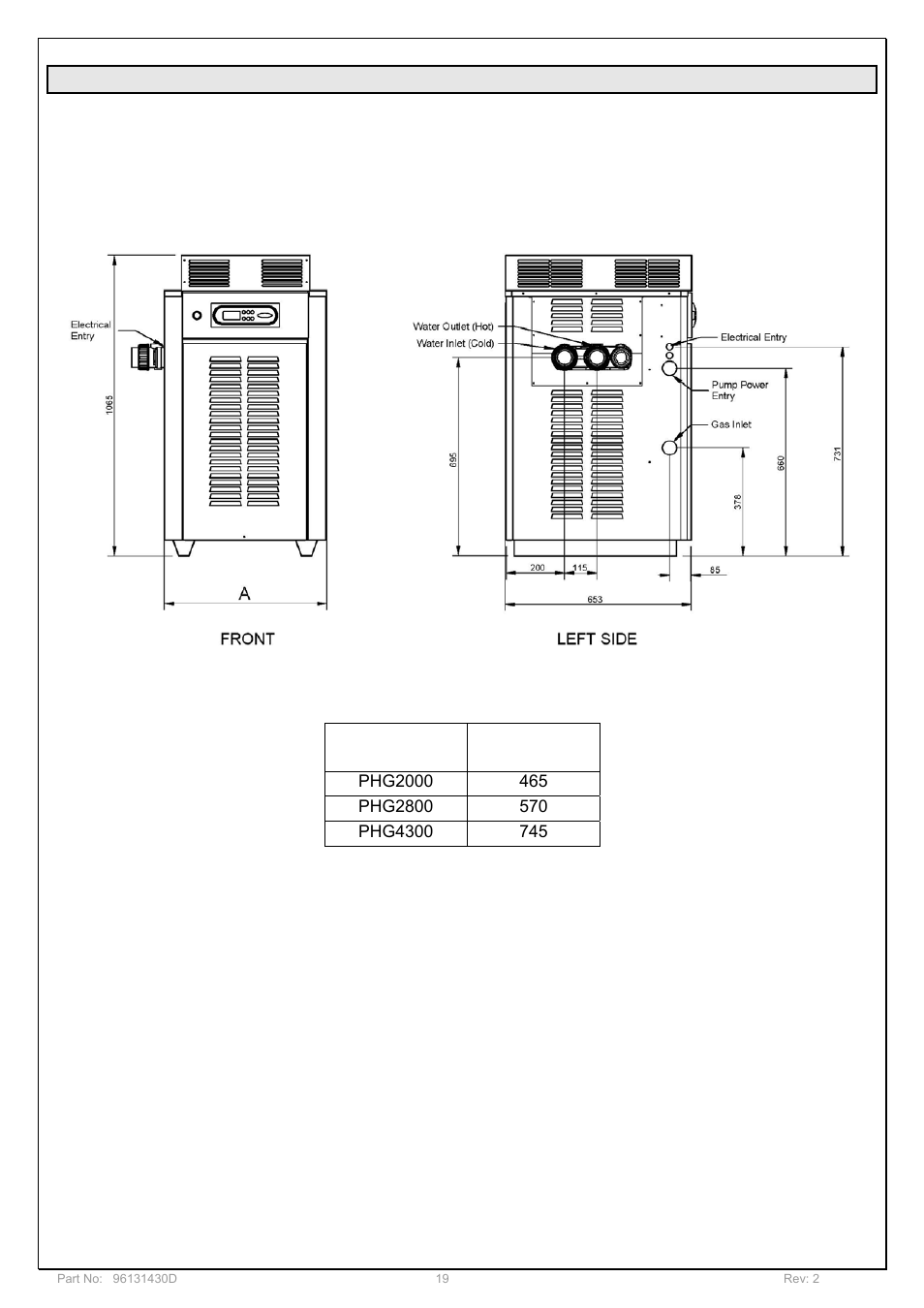 Dimensional data, Model dimension “a | Davey POOL AND SPA GAS HEATERS User Manual | Page 19 / 27