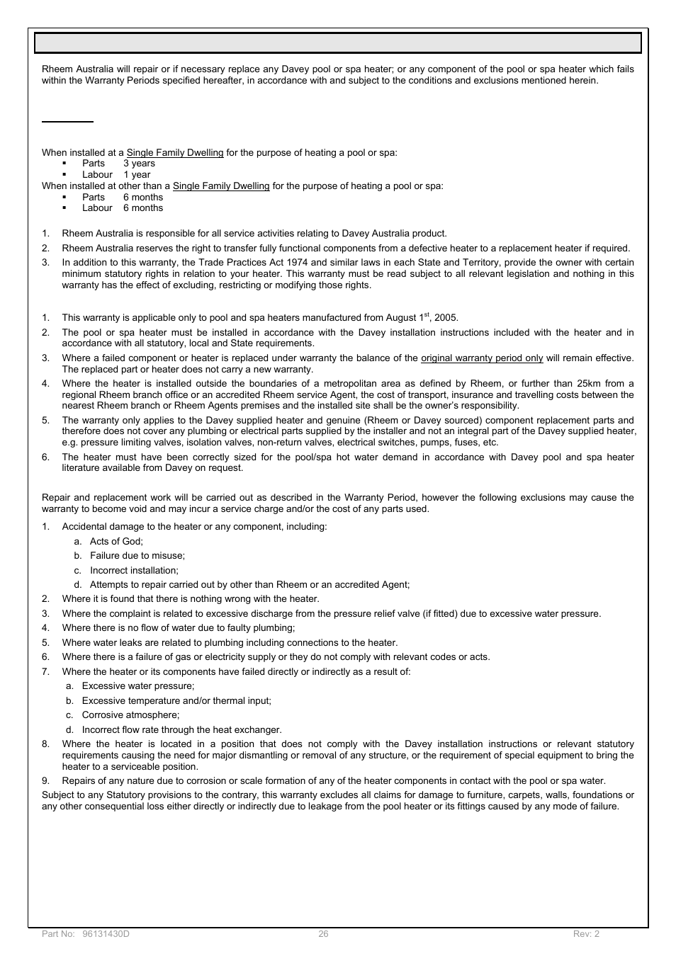 Warranty (australia only) | Davey POOL AND SPA GAS HEATERS User Manual | Page 26 / 27