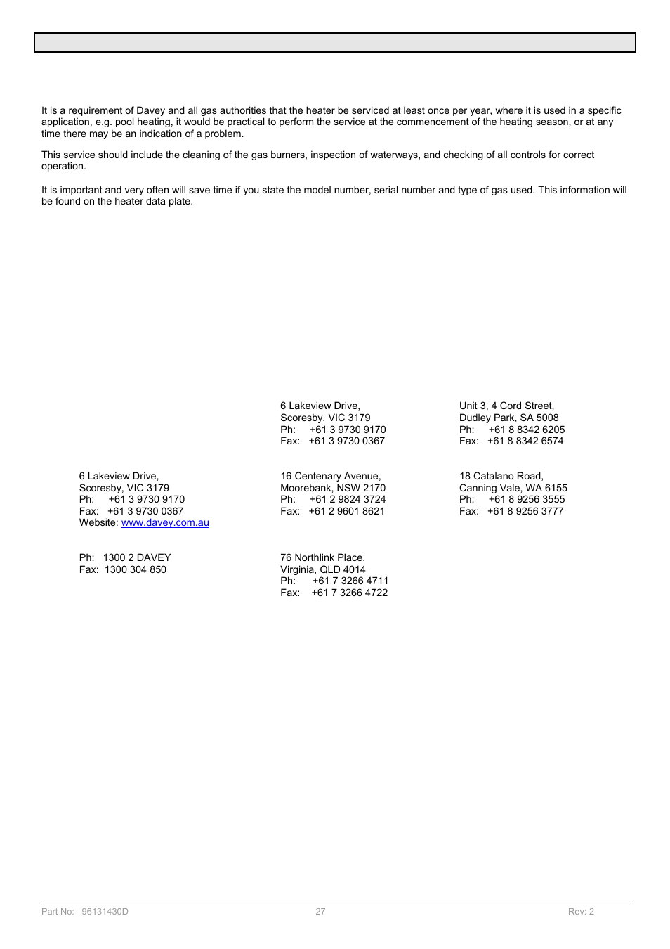 Davey POOL AND SPA GAS HEATERS User Manual | Page 27 / 27