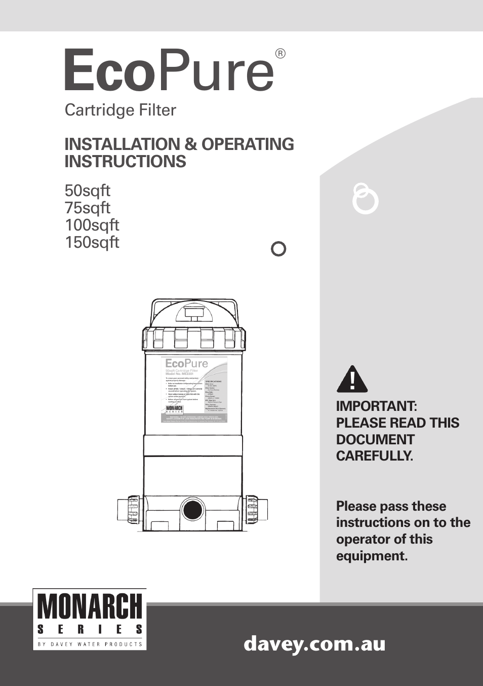 Davey ECOPURE CARTRIDGE FILTERS 50/75/100/150sqft User Manual | 12 pages