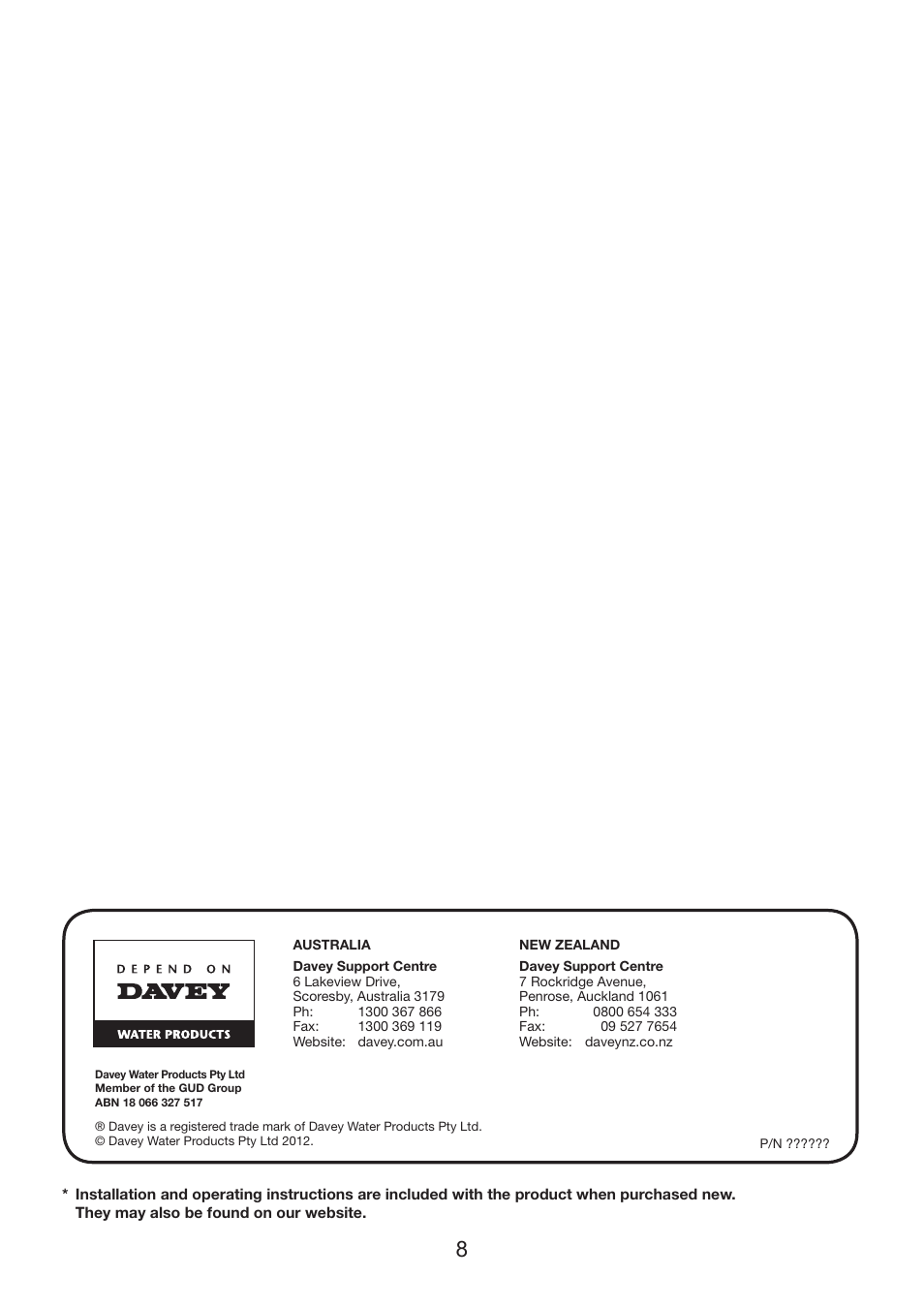 Davey ECOPURE F14, F16, F18, F21, F25 & F28 Fibreglass Media Filters User Manual | Page 8 / 8