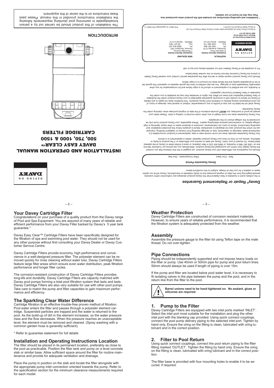 Davey EASY CLEAR 500, 750, 1000 & 1500 CARTRIDGE FILTERS User Manual | 2 pages