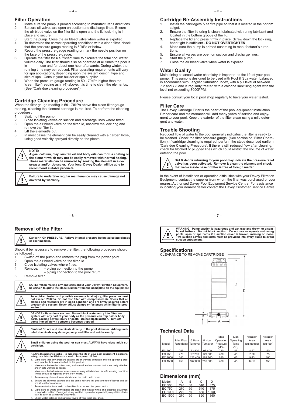 Technical data dimensions (mm), Filter operation, Cartridge cleaning procedure | Cartridge re-assembly instructions, Water quality, Filter care, Trouble shooting, Removal of the filter, Specifications | Davey EASY CLEAR 500, 750, 1000 & 1500 CARTRIDGE FILTERS User Manual | Page 2 / 2