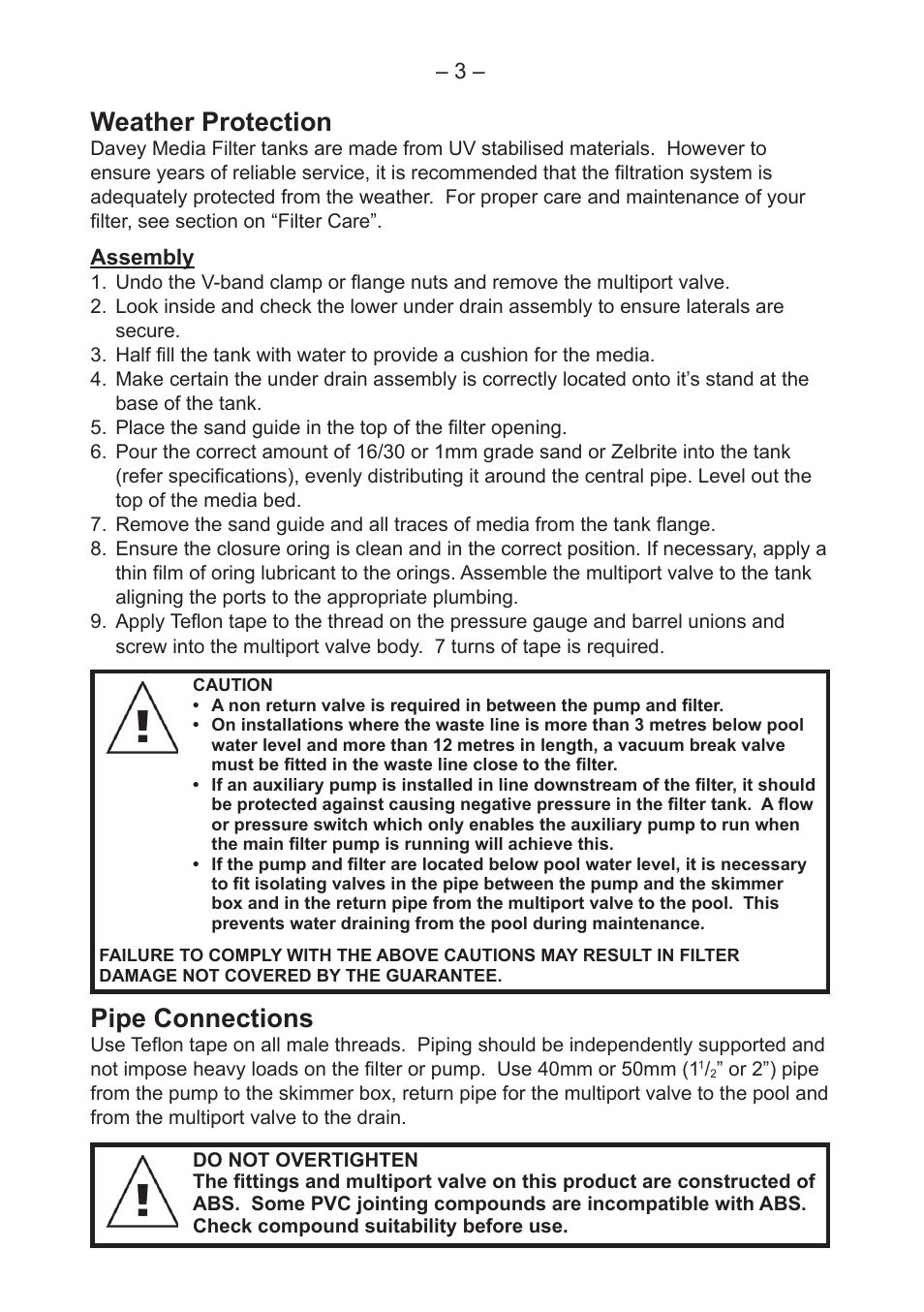 Weather protection, Pipe connections | Davey CRYSTAL CLEAR FIBRE GLASS MEDIA FILTERS User Manual | Page 3 / 8