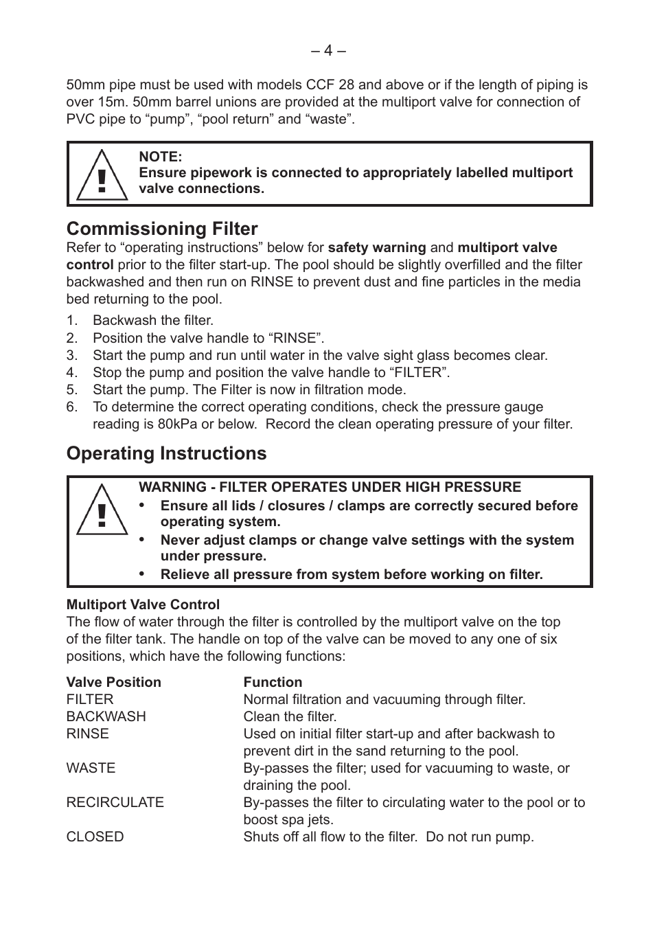 Commissioning filter, Operating instructions | Davey CRYSTAL CLEAR FIBRE GLASS MEDIA FILTERS User Manual | Page 4 / 8