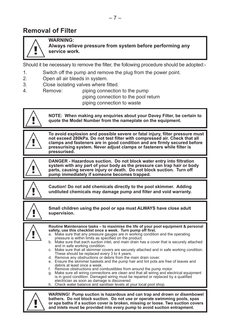 Removal of filter | Davey CRYSTAL CLEAR FIBRE GLASS MEDIA FILTERS User Manual | Page 7 / 8