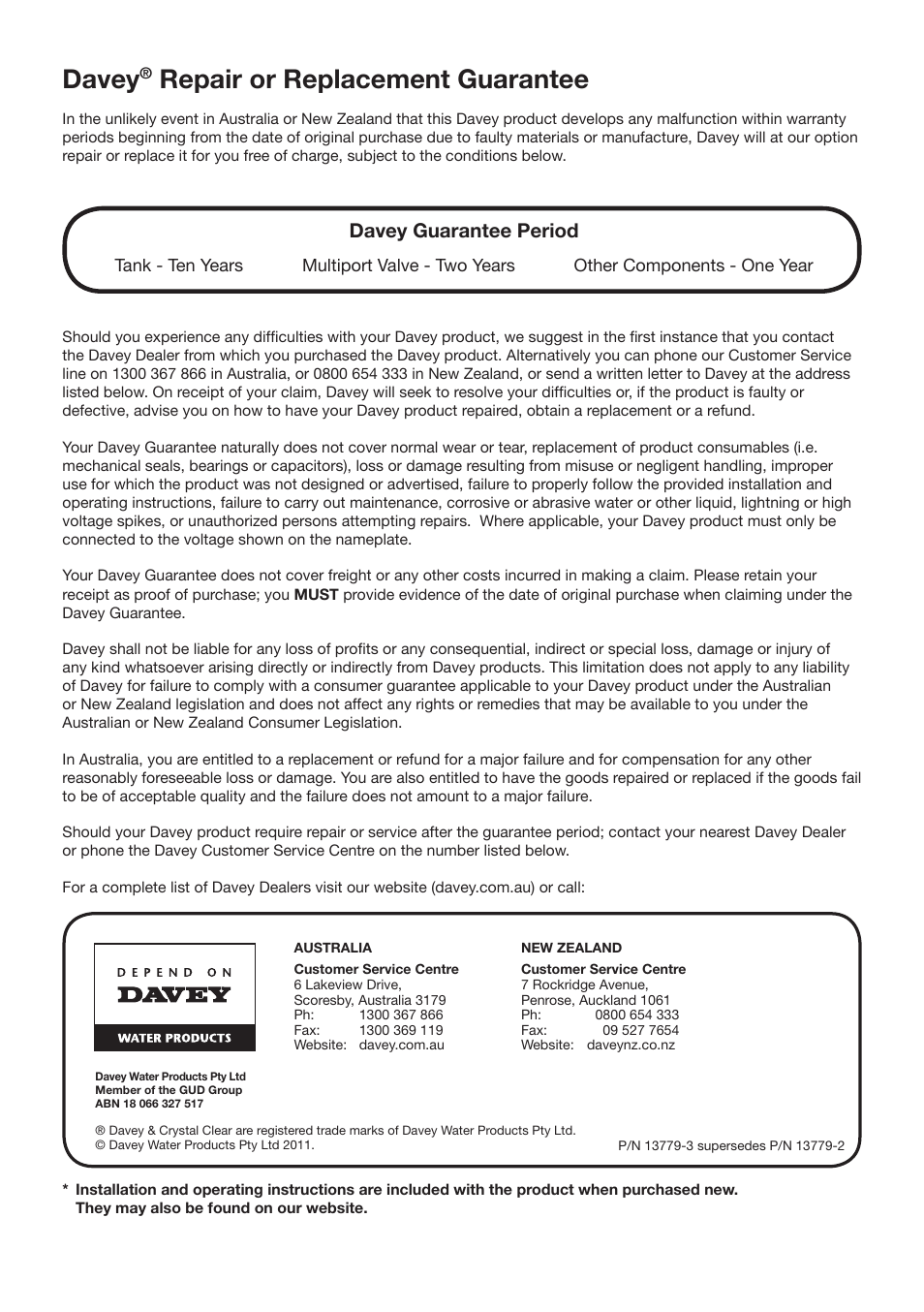 Davey, Repair or replacement guarantee, Davey guarantee period | Davey CRYSTAL CLEAR FIBRE GLASS MEDIA FILTERS User Manual | Page 8 / 8