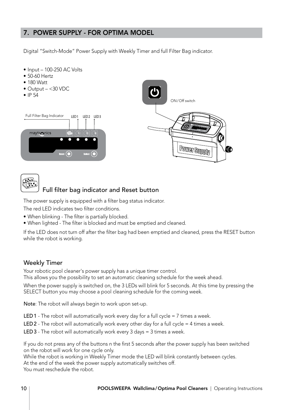 Power supply - for optima model | Davey PoolSweepa Wallclima/Optima Pool Cleaners User Manual | Page 12 / 16