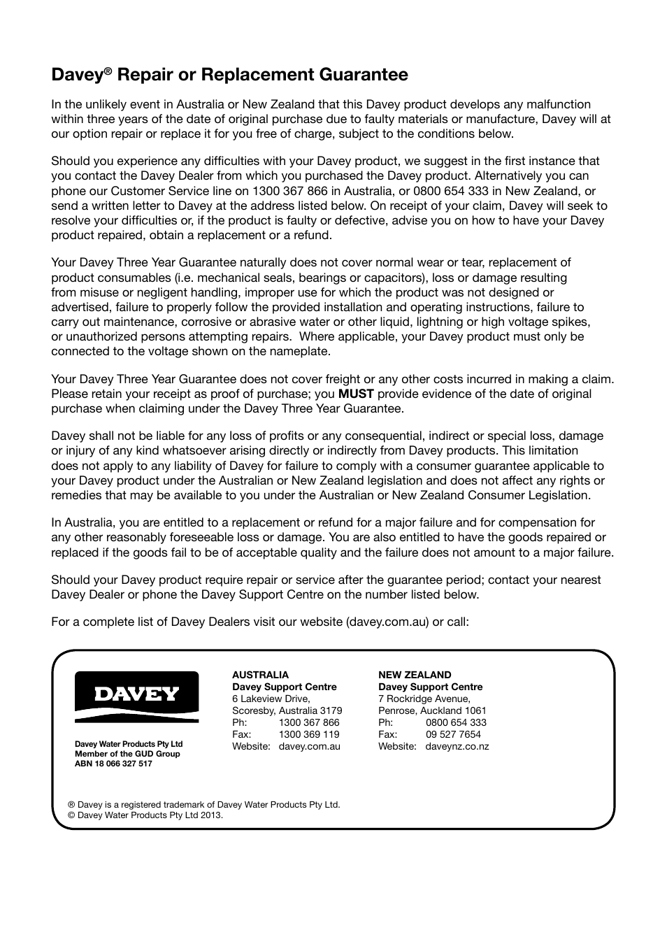 Davey, Repair or replacement guarantee | Davey PoolSweepa Wallclima/Optima Pool Cleaners User Manual | Page 15 / 16