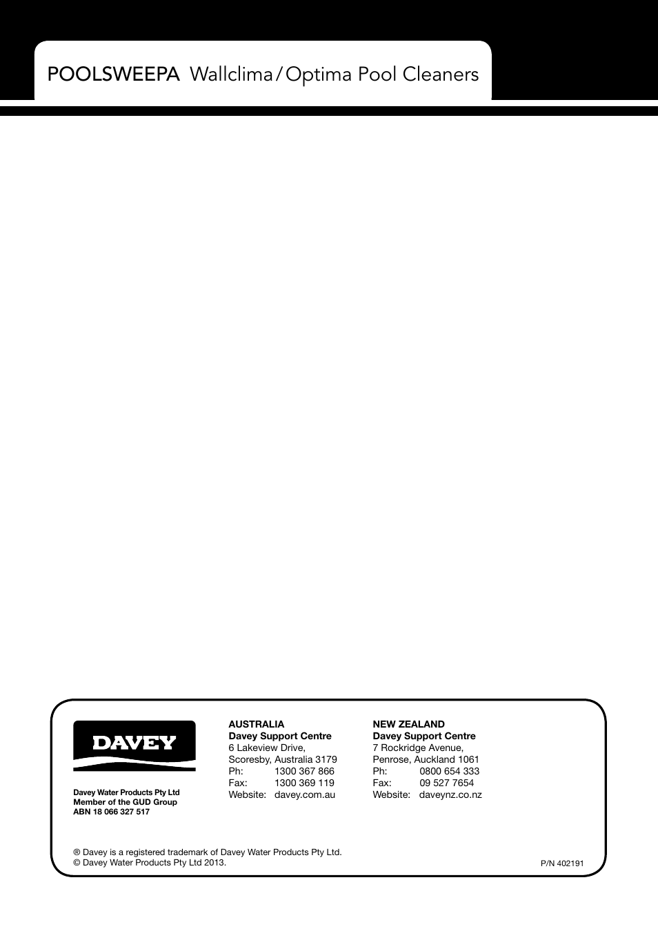 Poolsweepa wallclima / optima pool cleaners | Davey PoolSweepa Wallclima/Optima Pool Cleaners User Manual | Page 16 / 16