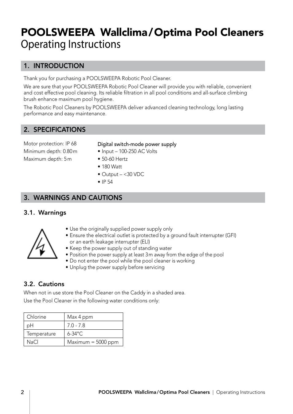 Operating instructions, Poolsweepa wallclima / optima pool cleaners | Davey PoolSweepa Wallclima/Optima Pool Cleaners User Manual | Page 4 / 16