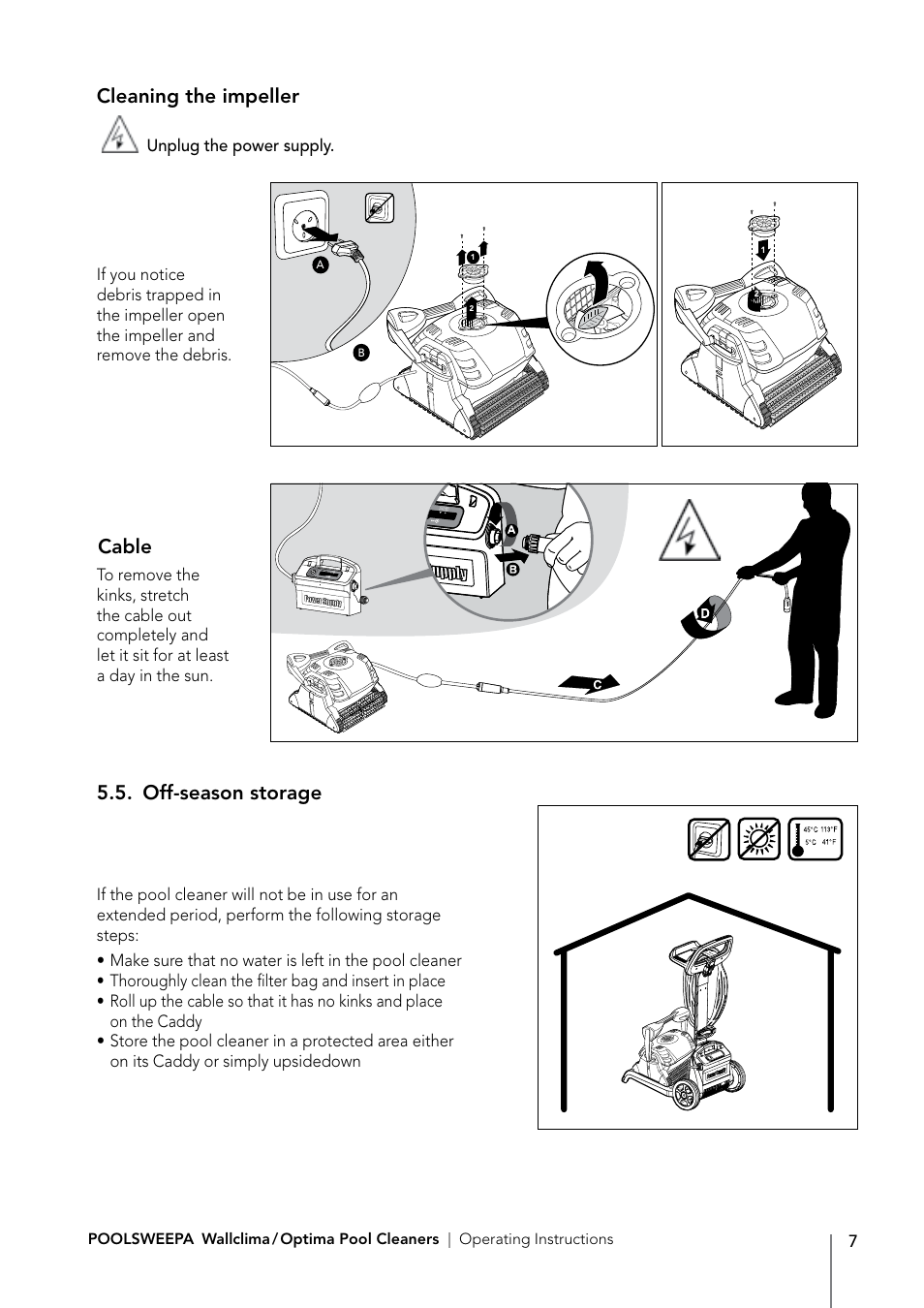 Off-season storage cleaning the impeller, Cable | Davey PoolSweepa Wallclima/Optima Pool Cleaners User Manual | Page 9 / 16