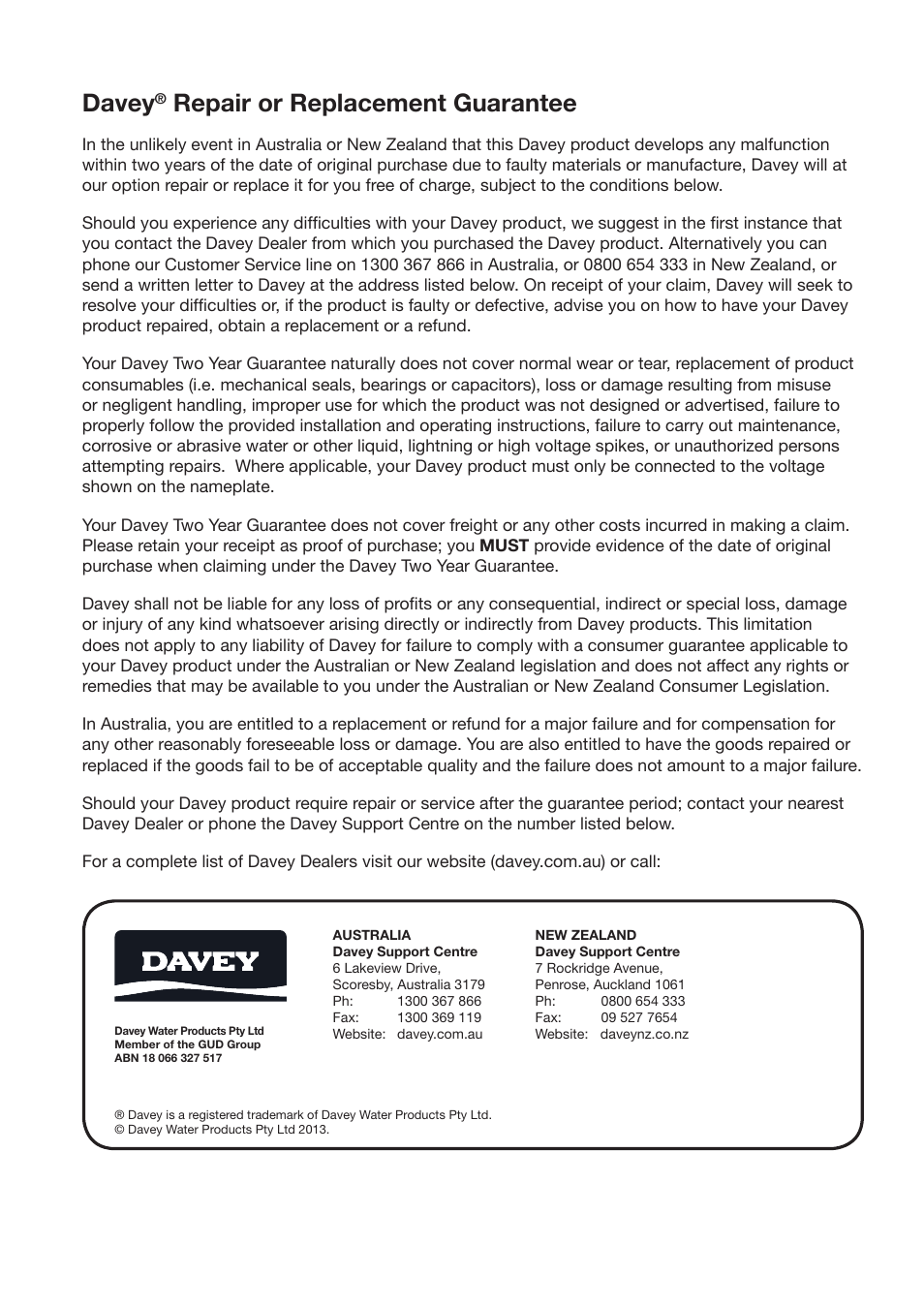 Davey, Repair or replacement guarantee | Davey PoolSweepa FloorCova Pool Cleaner User Manual | Page 11 / 12