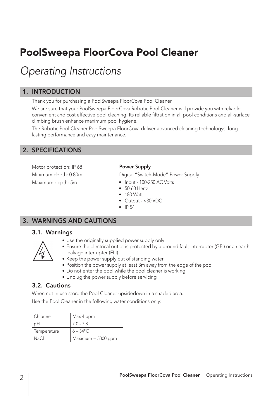 Operating instructions, Poolsweepa floorcova pool cleaner, Introduction | Specifications, Warnings and cautions | Davey PoolSweepa FloorCova Pool Cleaner User Manual | Page 4 / 12