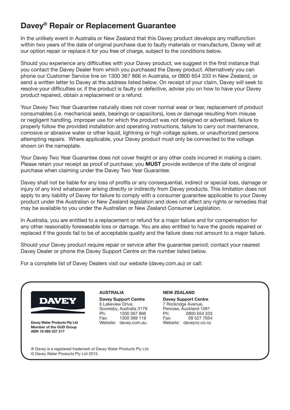 Davey, Repair or replacement guarantee | Davey PoolSweepa Hybrid - Robotic Suction Pool Cleaner User Manual | Page 11 / 12