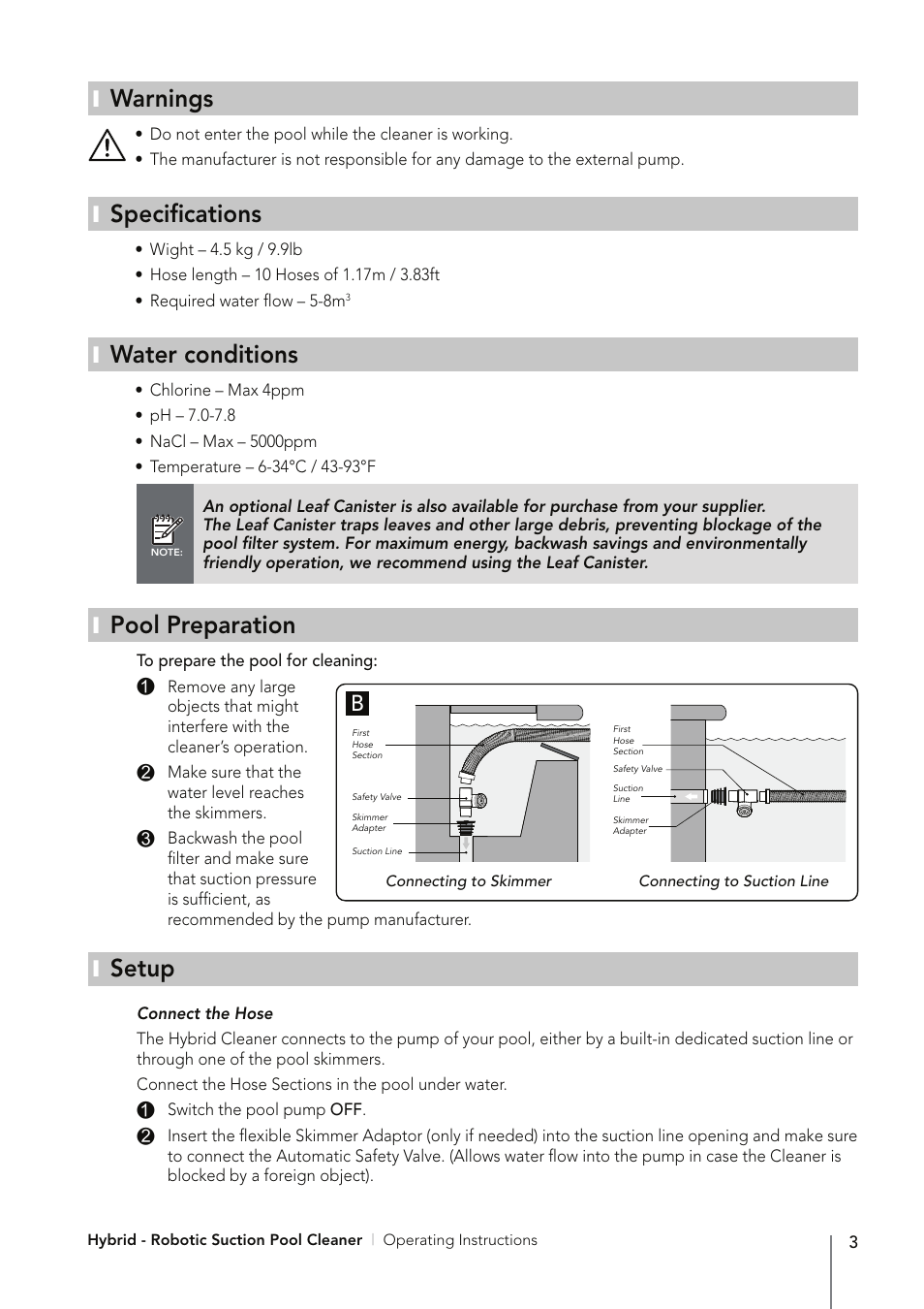 Warnings, Specifications, Water conditions | Pool preparation, Setup | Davey PoolSweepa Hybrid - Robotic Suction Pool Cleaner User Manual | Page 5 / 12