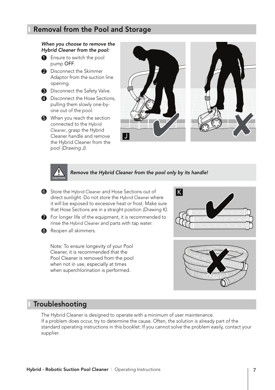 Removal from the pool and storage, Troubleshooting | Davey PoolSweepa Hybrid - Robotic Suction Pool Cleaner User Manual | Page 9 / 12