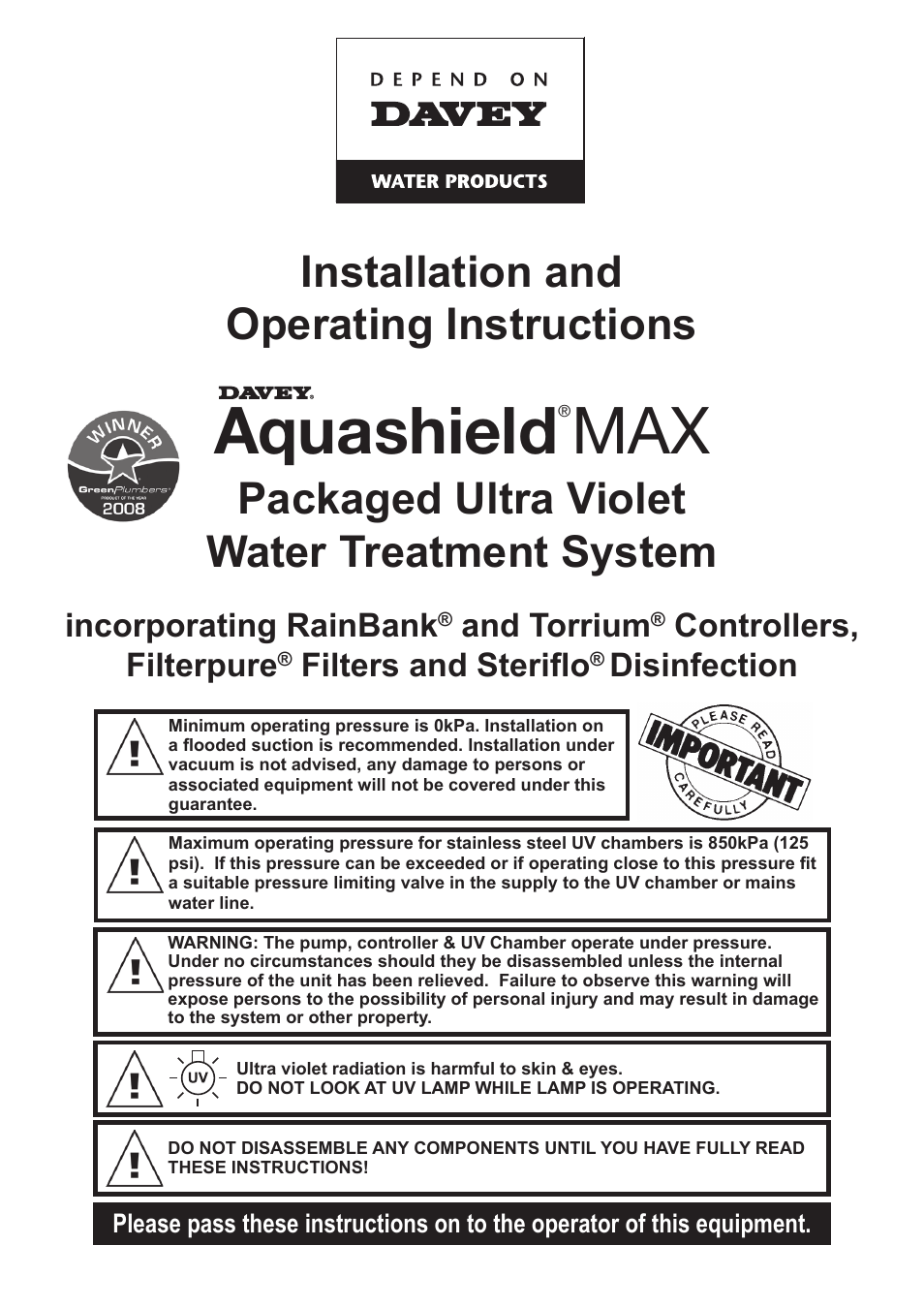 Davey Aquashield MAX Packaged Ultra Violet Water Treatment System User Manual | 24 pages