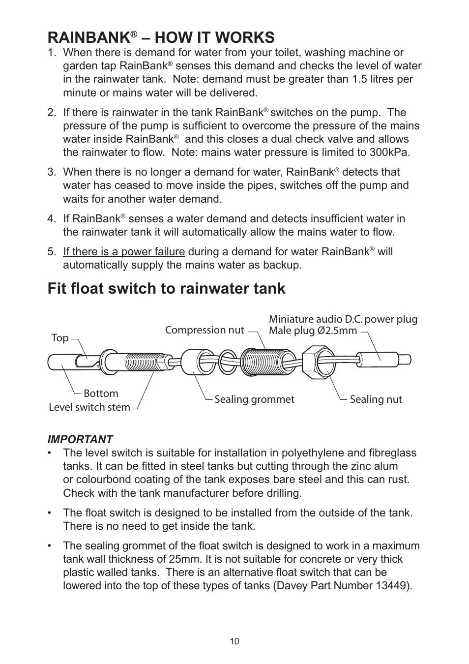 Rainbank, How it works, Fit float switch to rainwater tank | Davey Aquashield MAX Packaged Ultra Violet Water Treatment System User Manual | Page 10 / 24