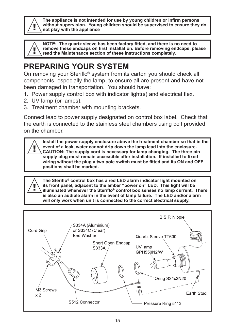 Preparing your system, On removing your steriflo | Davey Aquashield MAX Packaged Ultra Violet Water Treatment System User Manual | Page 15 / 24