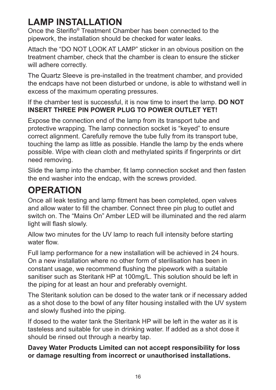 Lamp installation, Operation | Davey Aquashield MAX Packaged Ultra Violet Water Treatment System User Manual | Page 16 / 24