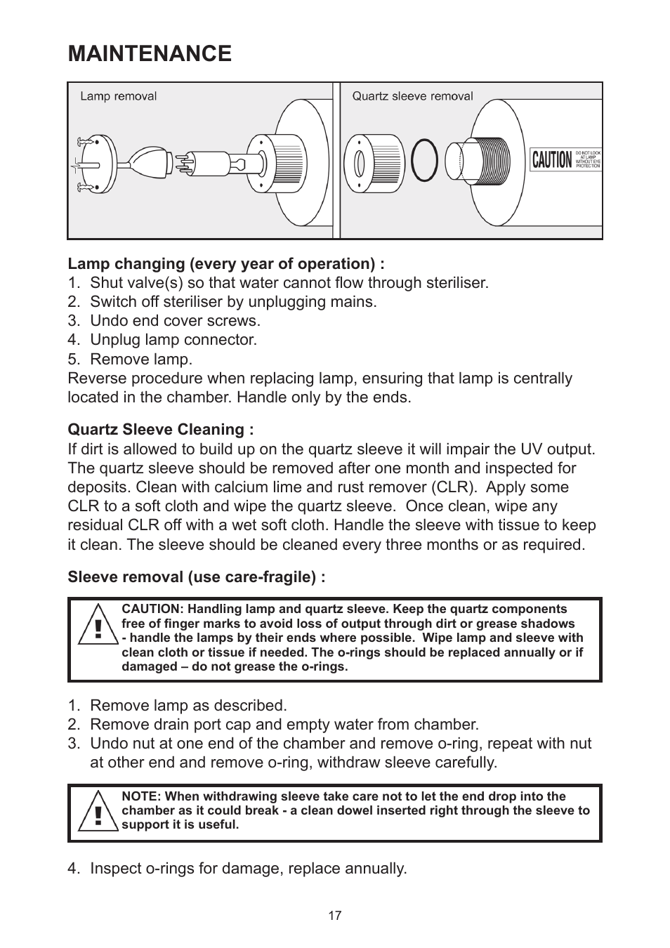 Maintenance | Davey Aquashield MAX Packaged Ultra Violet Water Treatment System User Manual | Page 17 / 24