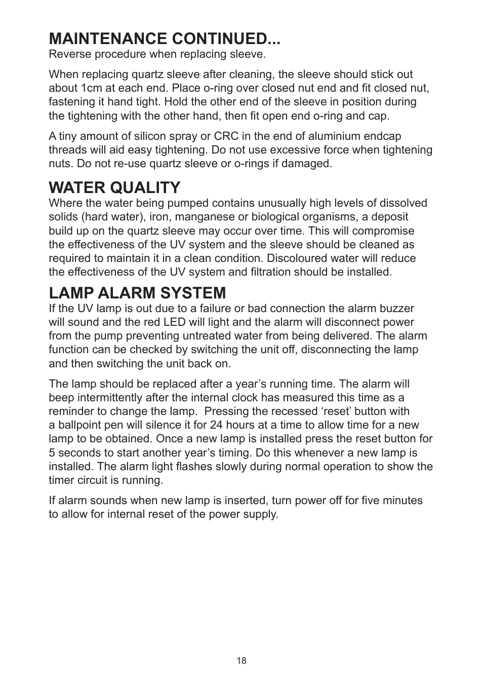 Maintenance continued, Water quality, Lamp alarm system | Davey Aquashield MAX Packaged Ultra Violet Water Treatment System User Manual | Page 18 / 24
