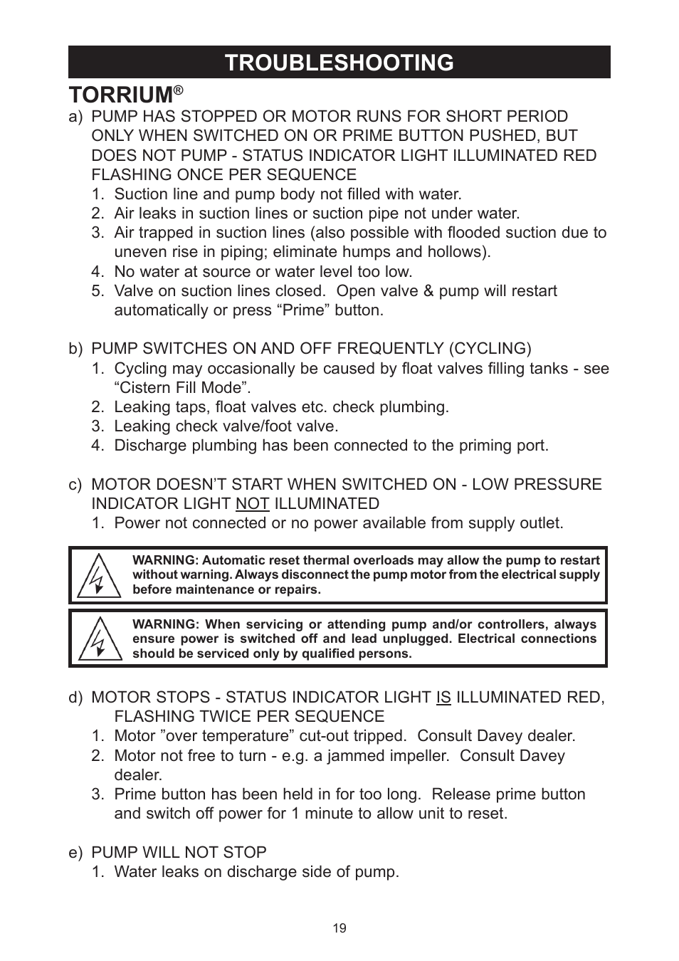 Troubleshooting torrium | Davey Aquashield MAX Packaged Ultra Violet Water Treatment System User Manual | Page 19 / 24