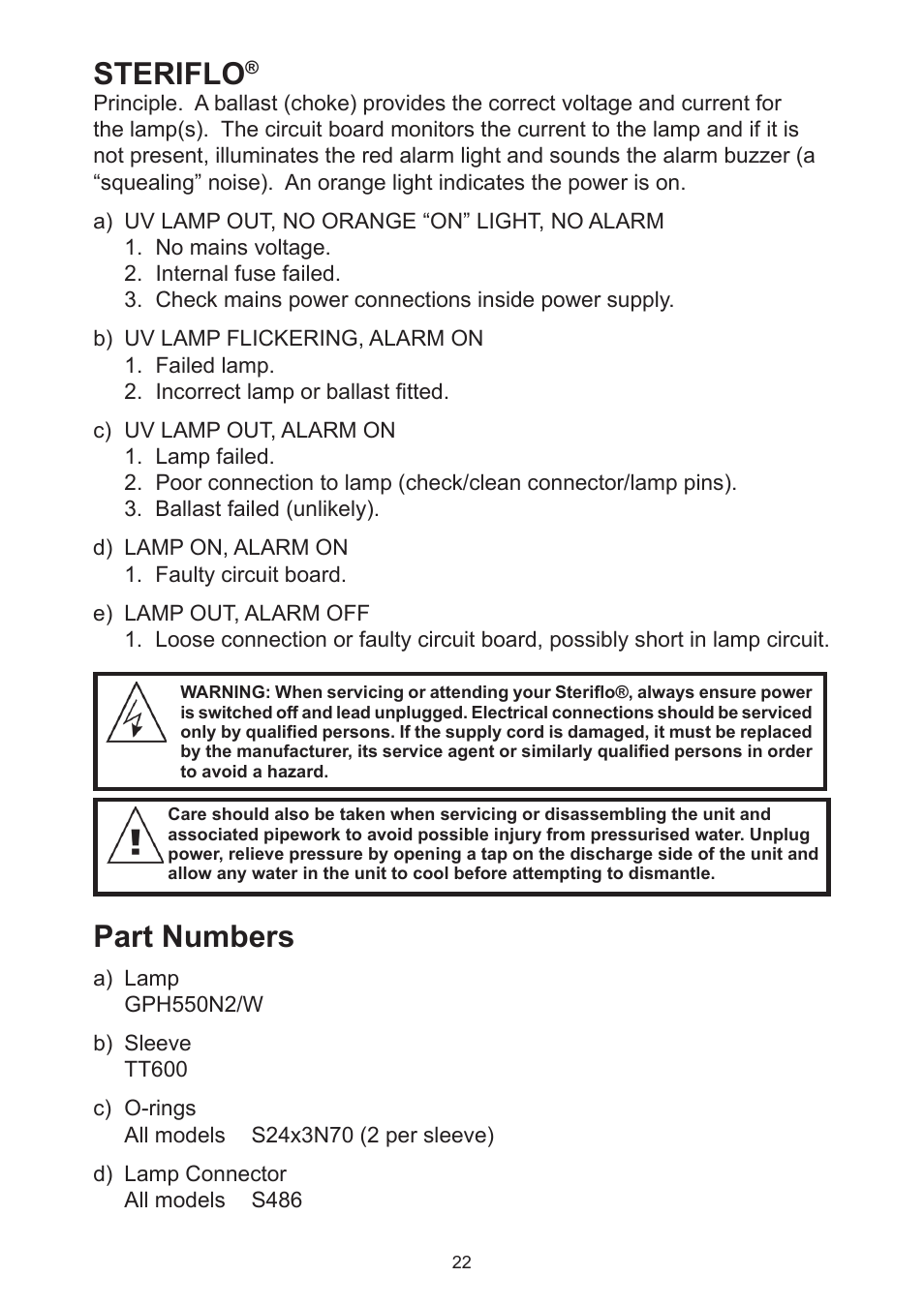 Steriflo, Part numbers | Davey Aquashield MAX Packaged Ultra Violet Water Treatment System User Manual | Page 22 / 24