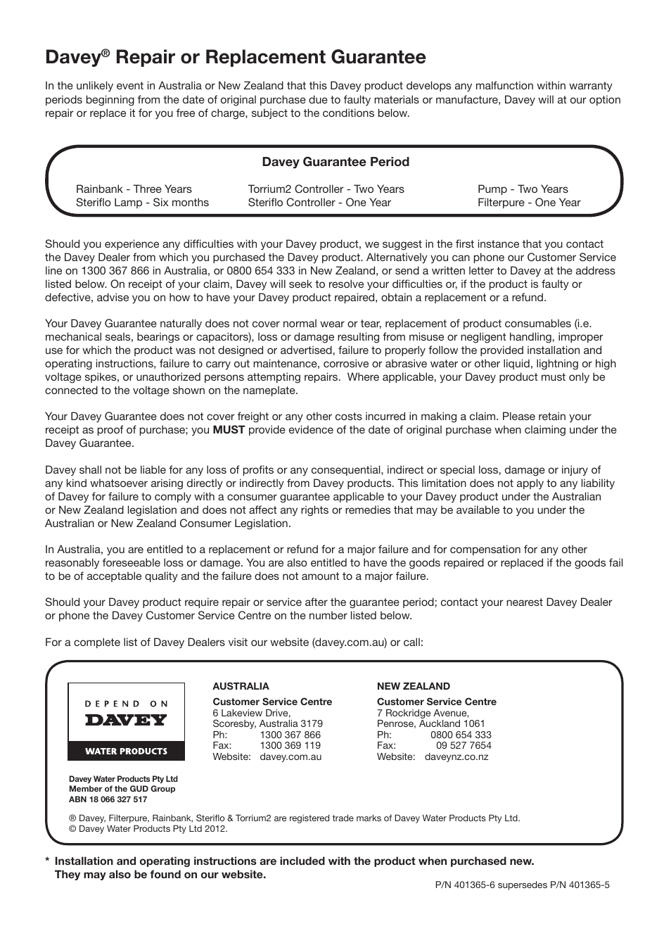 Davey, Repair or replacement guarantee | Davey Aquashield MAX Packaged Ultra Violet Water Treatment System User Manual | Page 24 / 24
