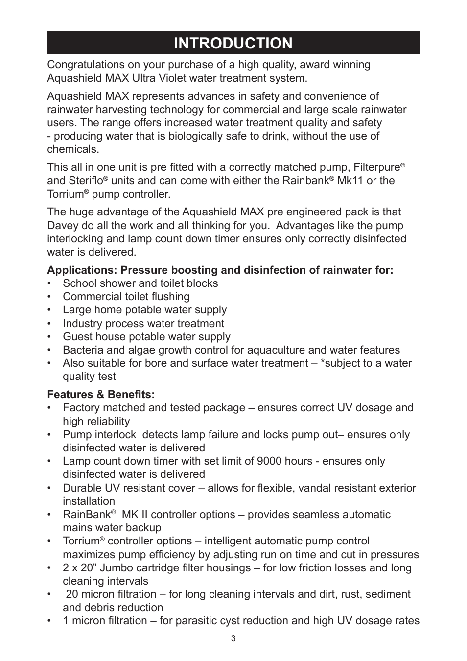 Introduction | Davey Aquashield MAX Packaged Ultra Violet Water Treatment System User Manual | Page 3 / 24