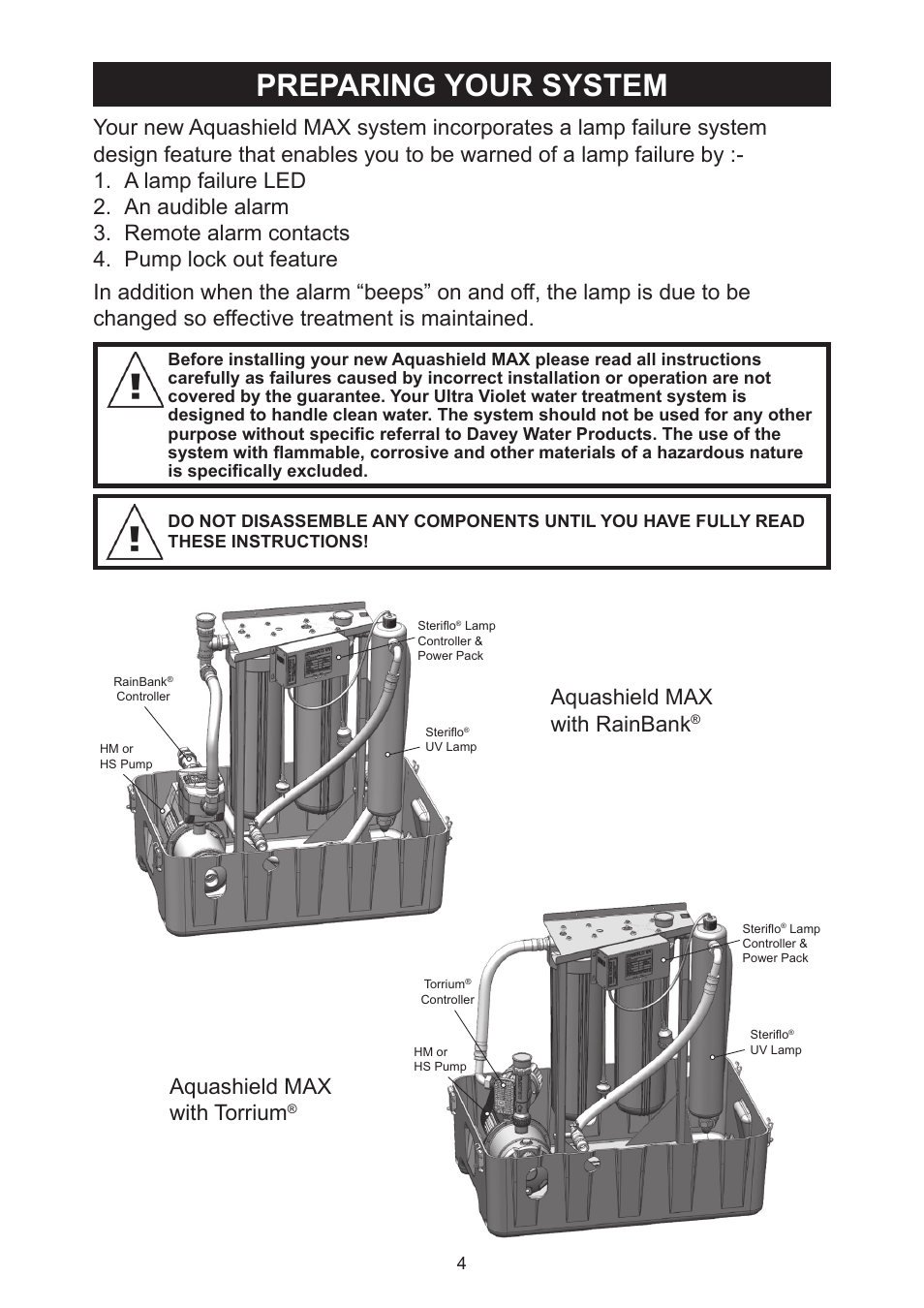 Preparing your system, Aquashield max with torrium | Davey Aquashield MAX Packaged Ultra Violet Water Treatment System User Manual | Page 4 / 24