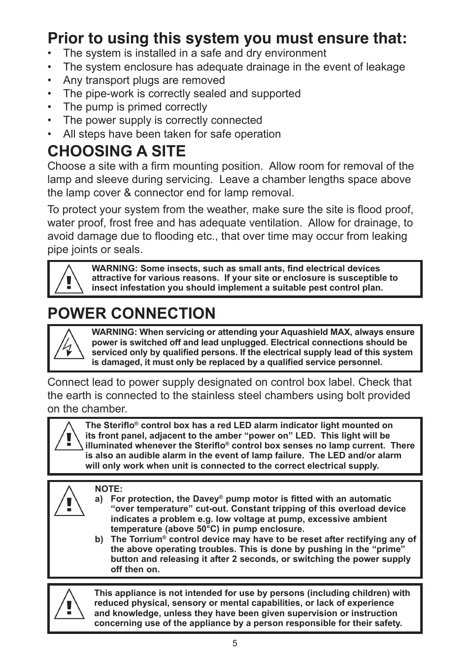 Prior to using this system you must ensure that, Choosing a site, Power connection | Davey Aquashield MAX Packaged Ultra Violet Water Treatment System User Manual | Page 5 / 24