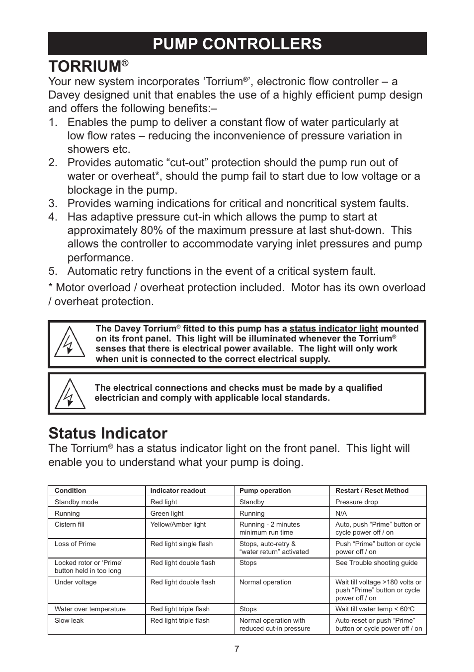 Pump controllers torrium, Status indicator, Your new system incorporates ‘torrium | The torrium | Davey Aquashield MAX Packaged Ultra Violet Water Treatment System User Manual | Page 7 / 24