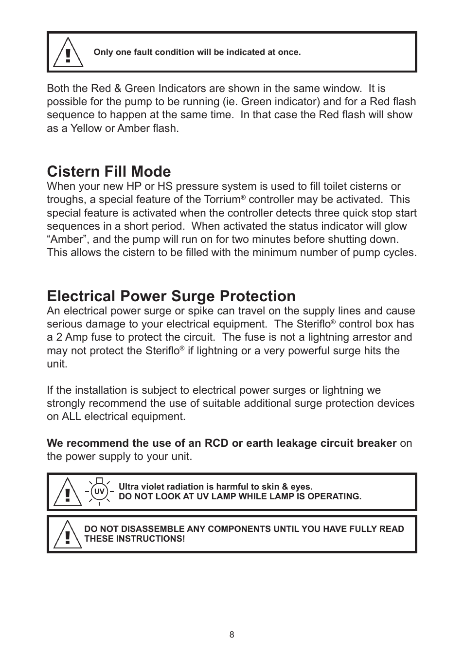 Cistern fill mode, Electrical power surge protection | Davey Aquashield MAX Packaged Ultra Violet Water Treatment System User Manual | Page 8 / 24